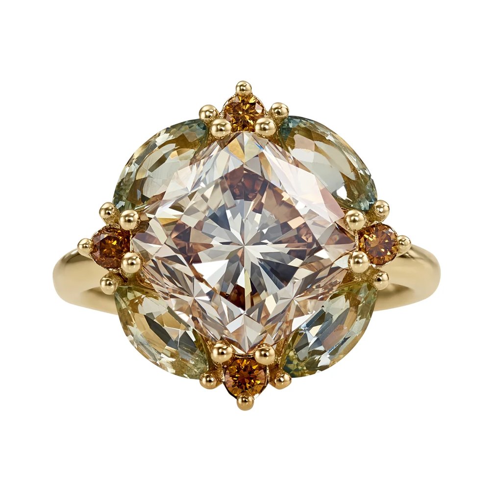 Mosaic Champagne Cushion Cut Diamond & Sapphire Engagement Ring