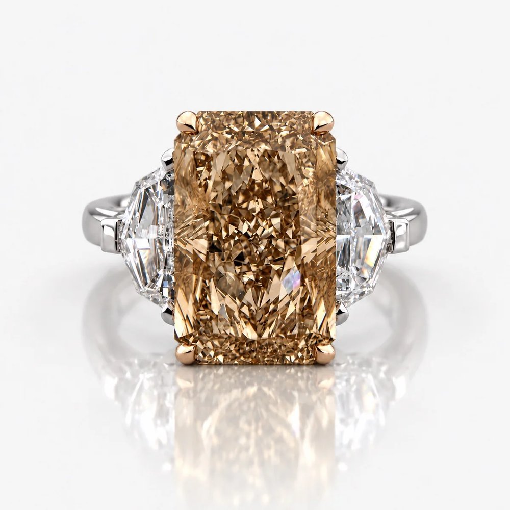 5ct GIA Elongated Radiant  'Champagne' Brown Diamond Three Stone Engagement Ring