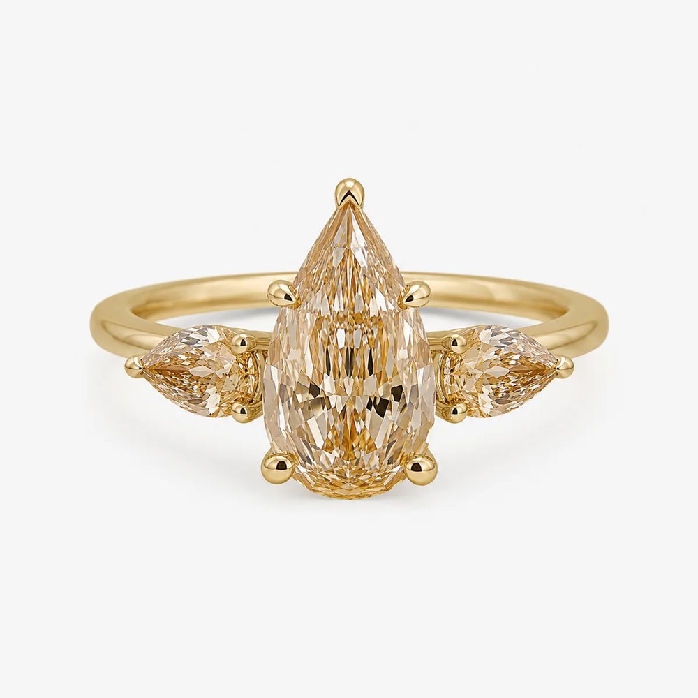 GIA Champagne Pear Diamond Three Stone Engagement Ring