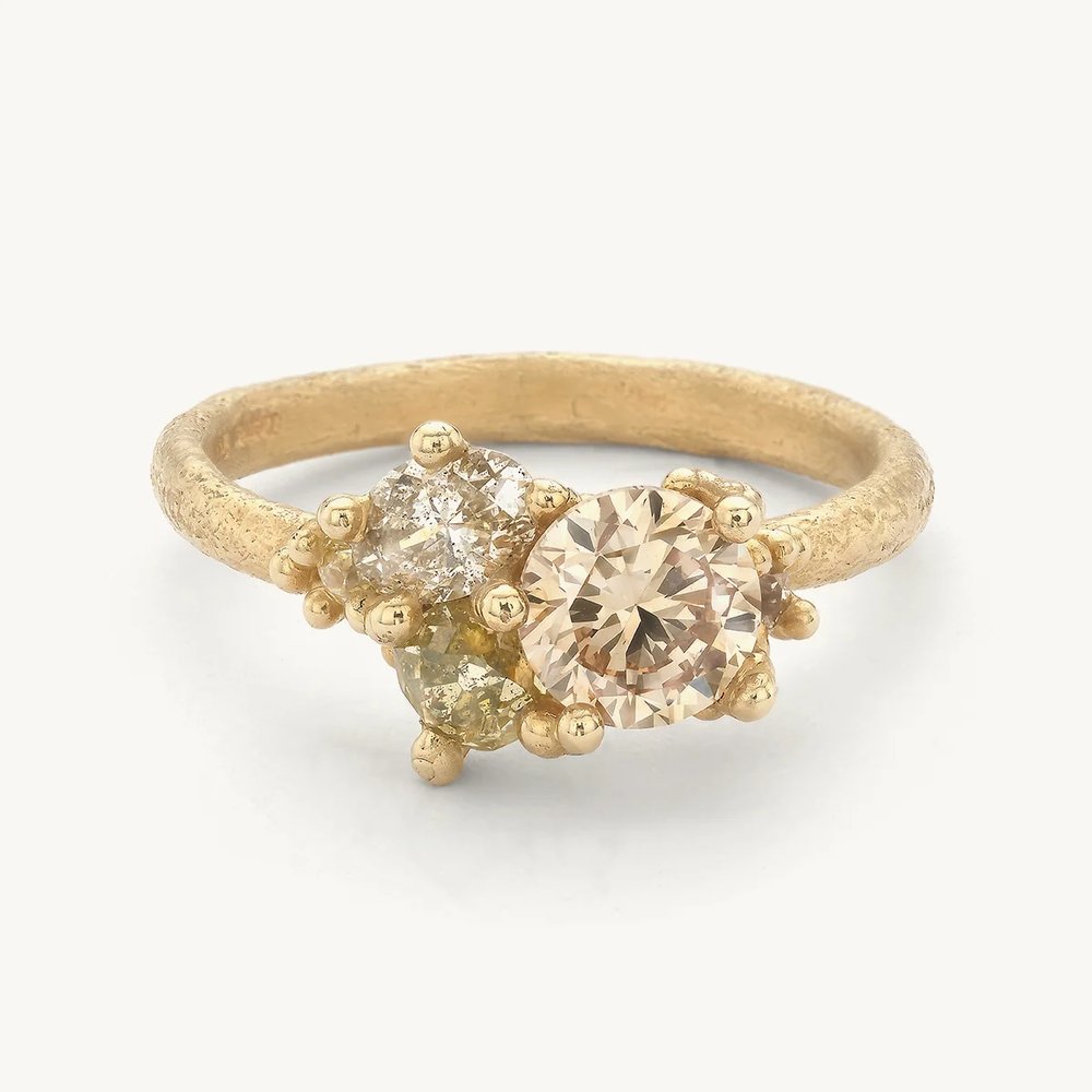 Asymmetric Champagne and Yellow Diamond Cluster Ring