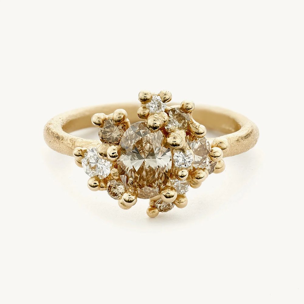 Oval Champagne and White Diamond Sweeping Cluster Ring