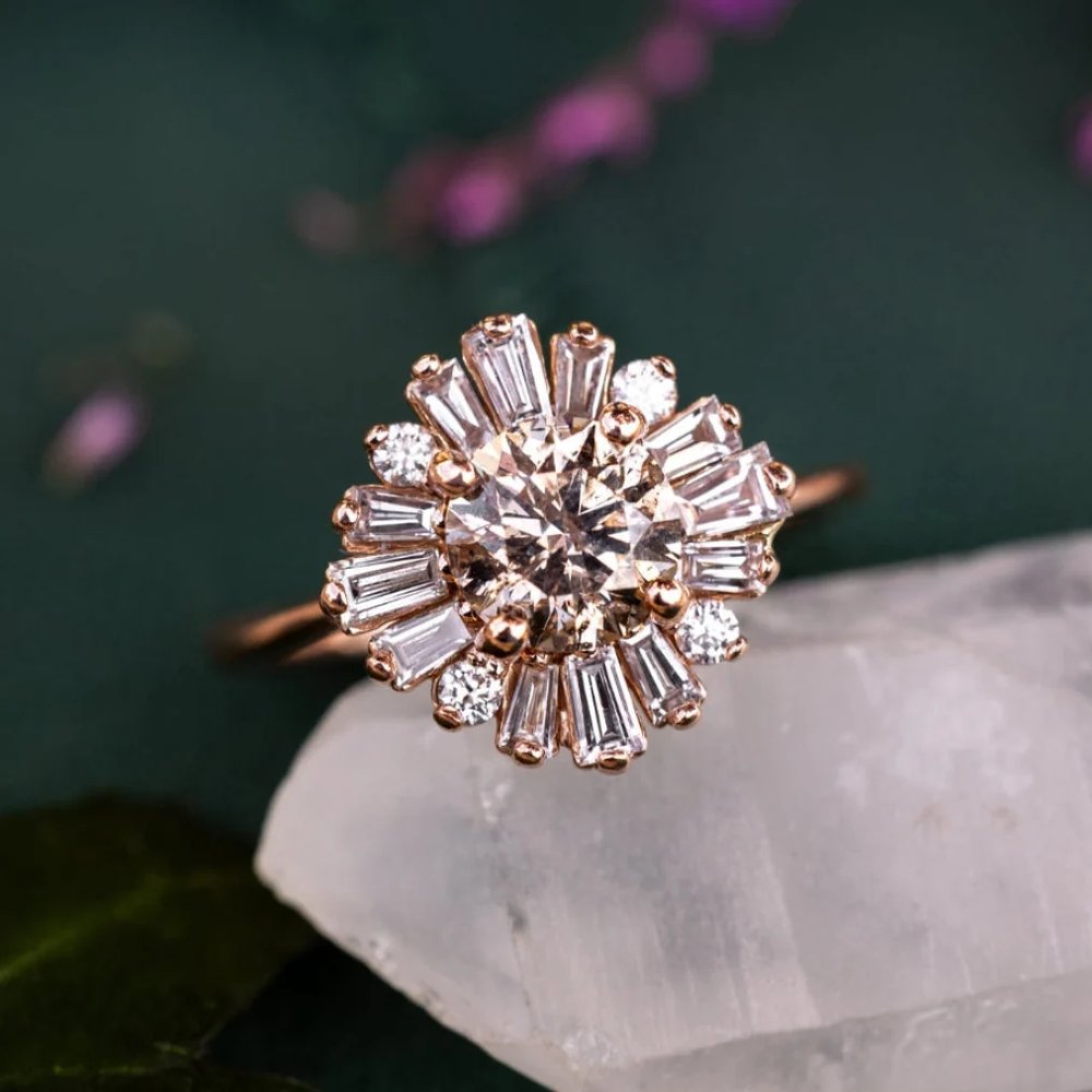 One-Of-A-Kind - "Belladonna" - Round Cut Champagne Diamond Engagement Ring With Diamond Halo