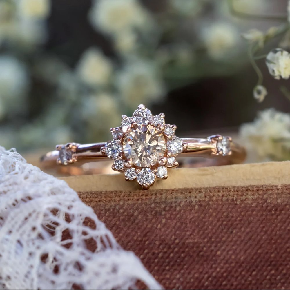 One-Of-A-Kind - "Starla" - Round Cut Champagne Diamond Engagement Ring With Starburst Diamond Halo